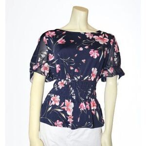 Ivy Ridge Blue Floral Sheer Short Sleeve Top